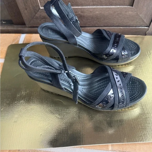 CROCS Black Wedge Sandals with Adjustable Ankle Strap - Picture 1 of 5